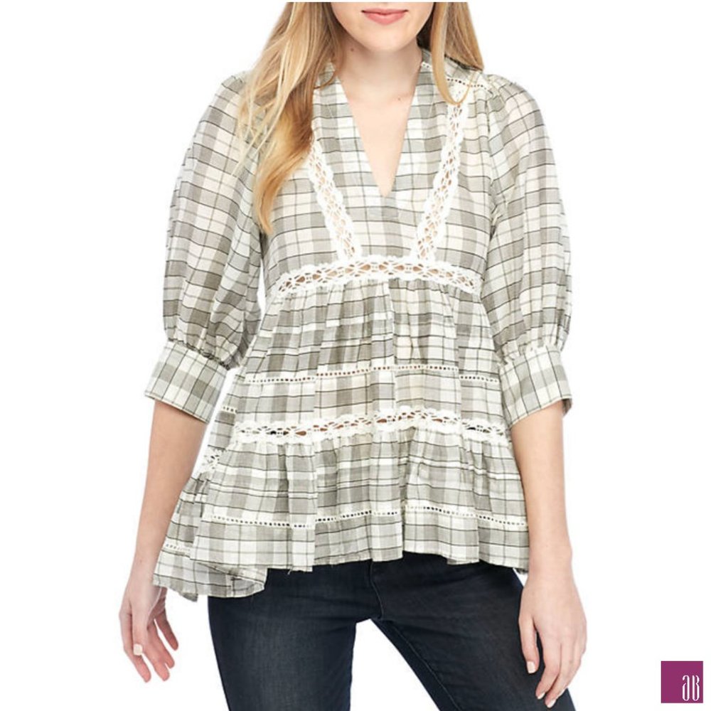 Free People Womens Time Out Plaid Lace Trim Tunic